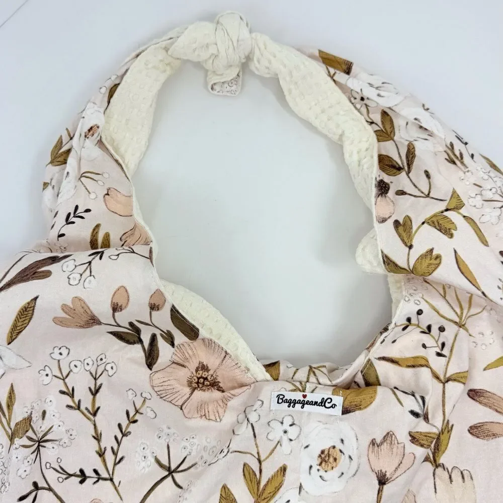 Baggagean and Co. Pink Floral Cream Waffle Knit Soft Reversible Fabric Hobo Bag